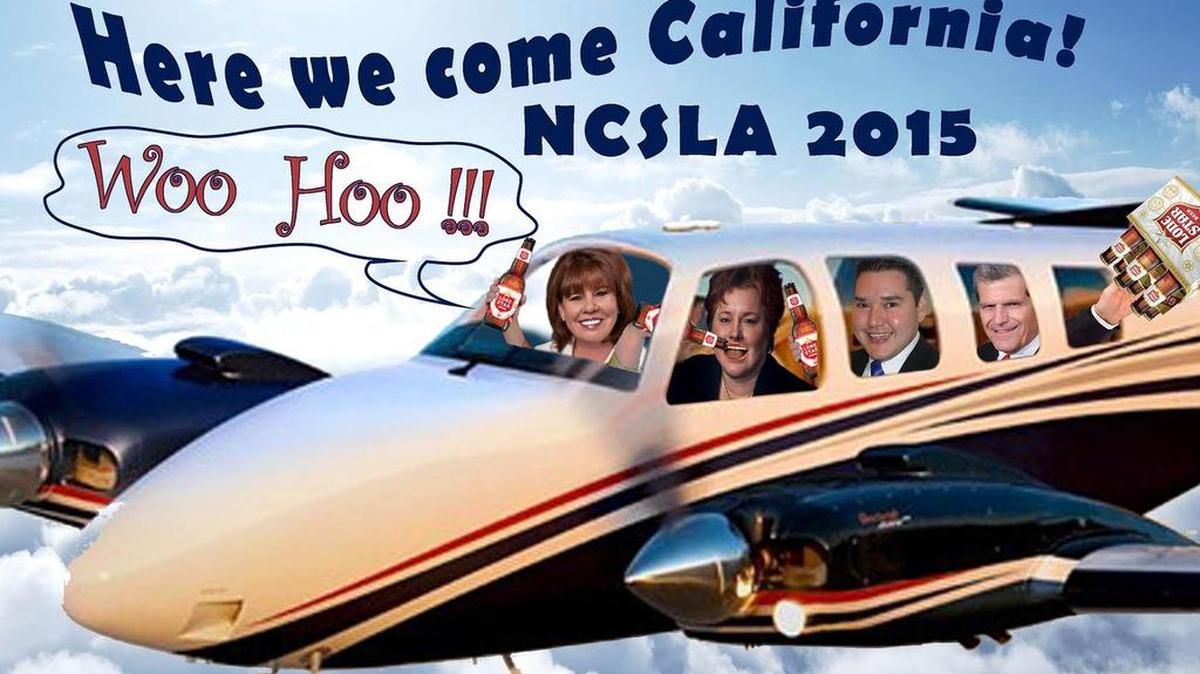 This graphic humorously references a trip that top state liquor regulators took to the National Conference of State Liquor Administrators in 2015 at a cost of more than $7,000 in taxpayer money. The illustration was created by the Texas Alcoholic Beverage Commission during work hours on a state computer with input from top agency officials, records show. Pictured from left to right are TABC Director Sherry Cook, Licensing Director Amy Harrison, Analyst Jesse Valdez and then-TABC technology contractor Jim Andrews.