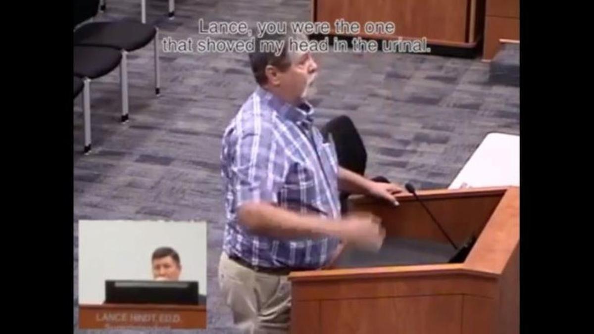 Greg Barrett calls out Katy ISD Superintendent Lance Hindt as his childhood bully during a board meeting on March 19.