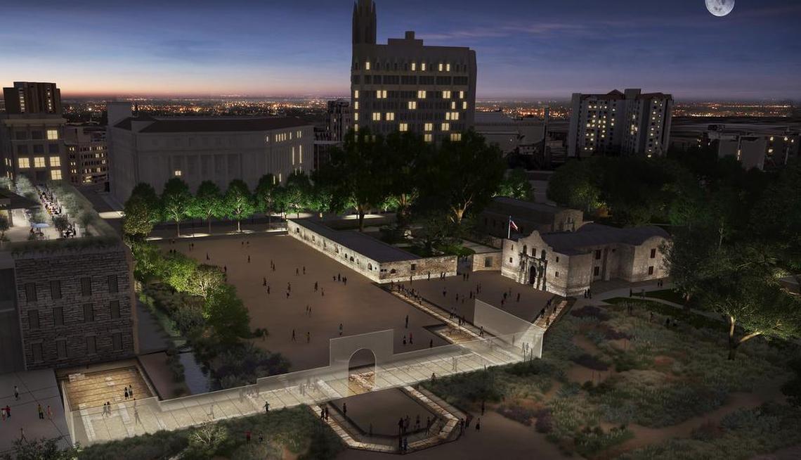 An evening view of the Alamo Plaza envisioned in the plan.