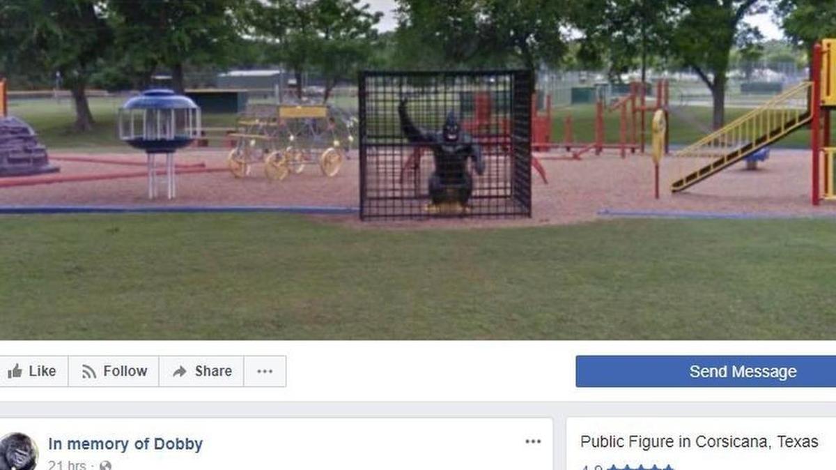 The gorilla inside this cage was taken from Community Park after complaints that it was racially insensitive. It is in storage pending a decision on its permanent future.