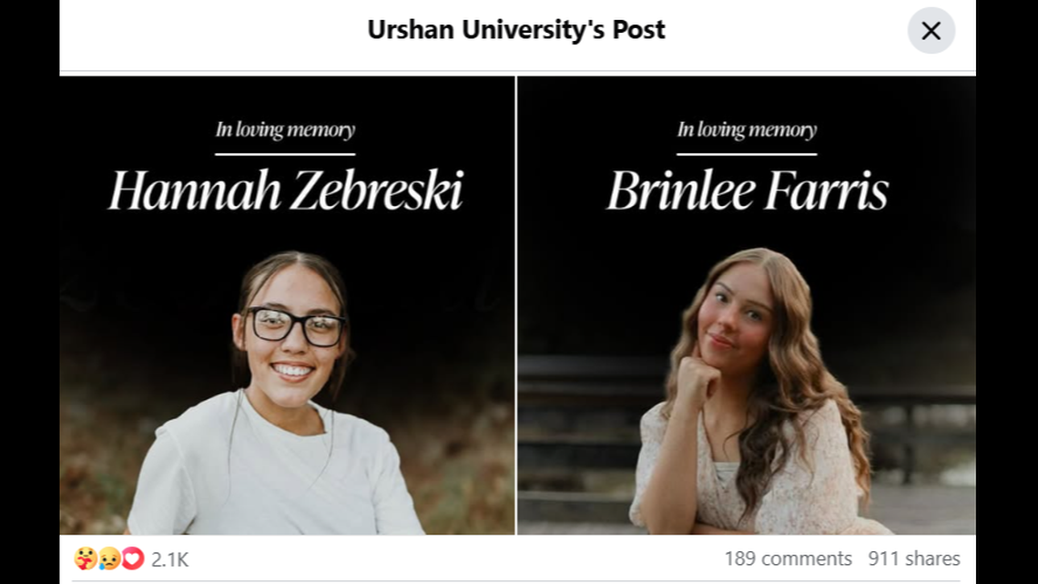 Brinlee Farris and Hannah Zebreski, both 18 years old, died in a vehicle crash in Oklahoma on their way to a bible college.