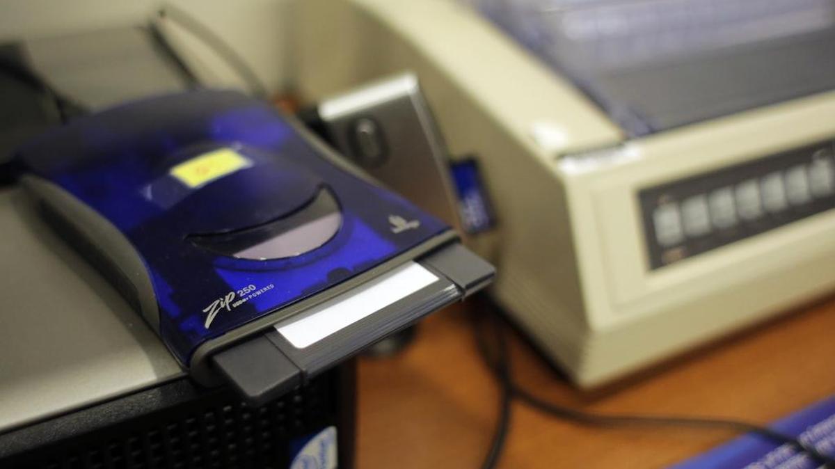 A Zip disk drive and dot matrix printer in the Bexar County Elections office in San Antonio. The county’s voting equipment, purchased in 2002, is among the oldest in Texas.