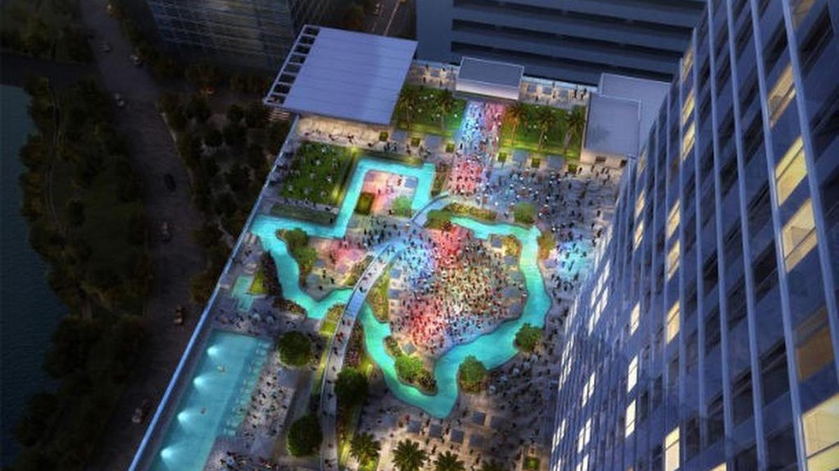 An overhead view of the Texas-shaped lazy river on the rooftop of the Marriott Marquis in Houston.