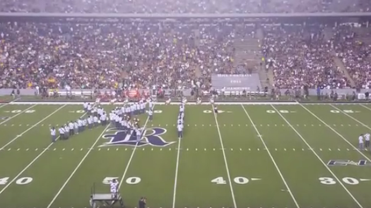Rice University' Marching Owl Band forms into "IX," a reference to Title IX rules governing sexual discrimination at colleges, while performing a halftime show Friday mocking Baylor University for its recent sexual assault scandal.