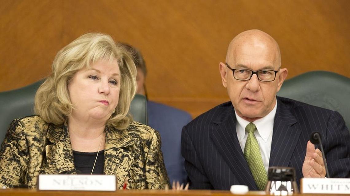 State Sens. Jane Nelson, R-Flower Mound, and John Whitmire, D-Houston, at a hearing on Senate Bill 2 on March 14.