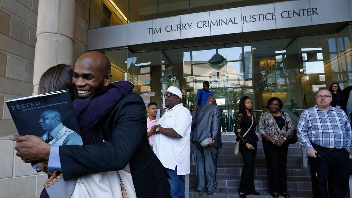 Attorney Nina Morrision gets a hug from John Nolley after the Bedford man was released from custody after 19 years behind bars on May 17, 2016 in Fort Worth due to efforts by The Innocence Project. Nolley had been found guilty of murder in 1998.