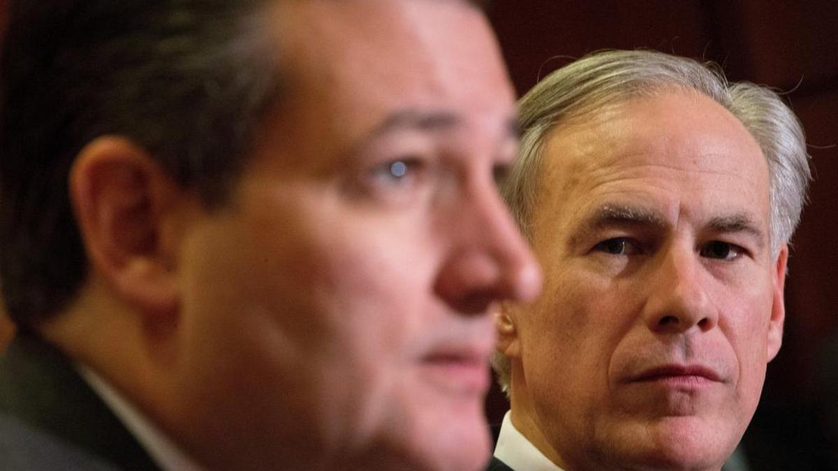 FILE: In this Dec. 8, 2015, file photo, Texas Gov. Greg Abbott. right, listens to Republican presidential candidate Sen. Ted Cruz, R-Texas, left, speak about the resettlement of Syrian refugees in the U.S., during their joint news conference on Capitol Hill in Washington. Abbott said Wednesday, Sept. 21, 2016, the state will withdrawal from the federally funded refugee resettlement program unless demands for refugee screening are "unconditionally" met by Sept. 30. (AP Photo/Pablo Martinez Monsivais, File)