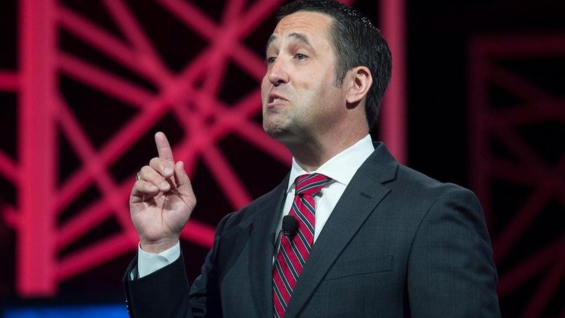 State Comptroller Glenn Hegar speaks at the GOP state convention in Dallas Texas in May.