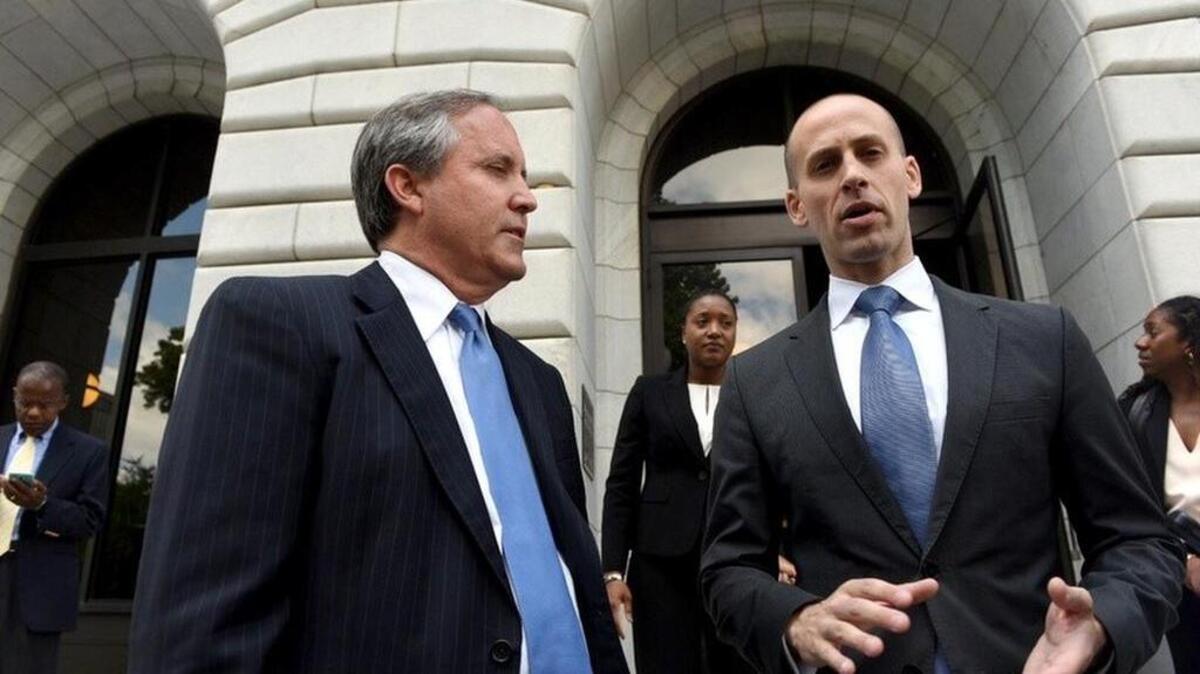 Attorney General Ken Paxton and Solicitor General Scott Keller speak after oral arguments on the voter ID case before the U.S. 5th Circuit of Appeals in New Orleans on May 24, 2016.