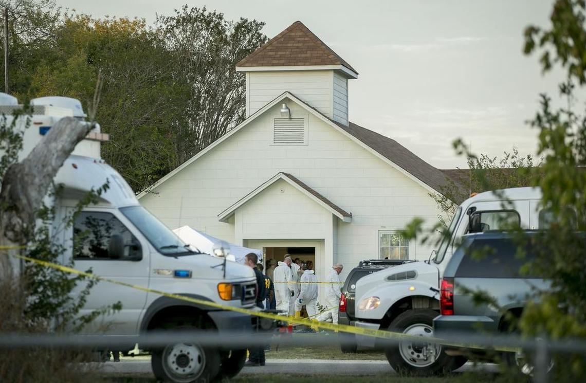 Investigators work at the scene of a mass shooting at the First Baptist Church in Sutherland Springs, Texas on Sunday, Nov. 5, 2017.