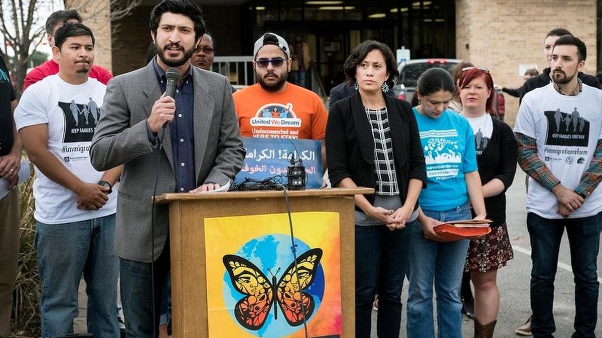 Austin City Council member Greg Casar comments on recent Immigration and Customs Enforcement actions in Austin outside the Little Walnut Creek Branch Library on Friday. Casar and Council member Delia Garza joined community organizations to speak out against the ICE actions.