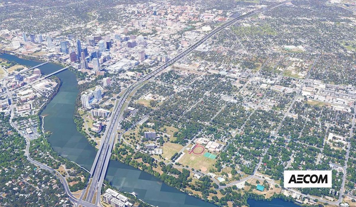 An artist rendering of a proposed Hyperloop system cutting through a city.