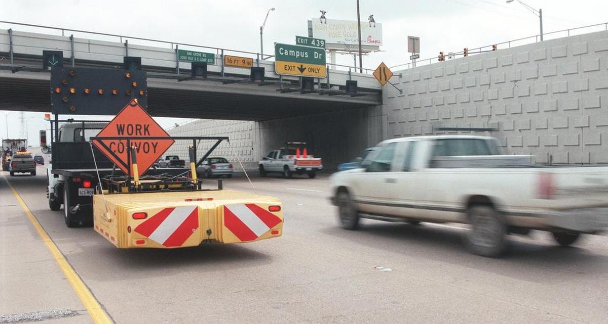 Traffic blows by a United Rentals striping crew on Interstate 20 in 2001.