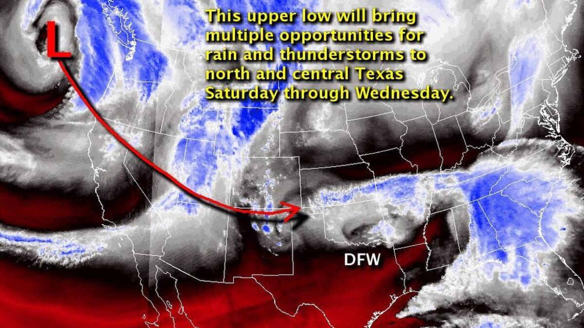 A chance of thunderstorms is expected Sunday and Monday.