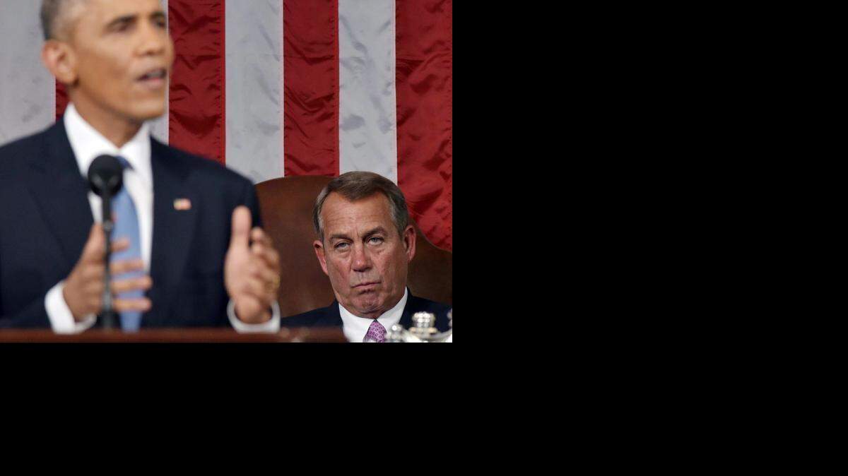 
House Speaker John Boehner, right, looks on as President Barack Obama delivers the State of the Union address on Jan. 20. 

