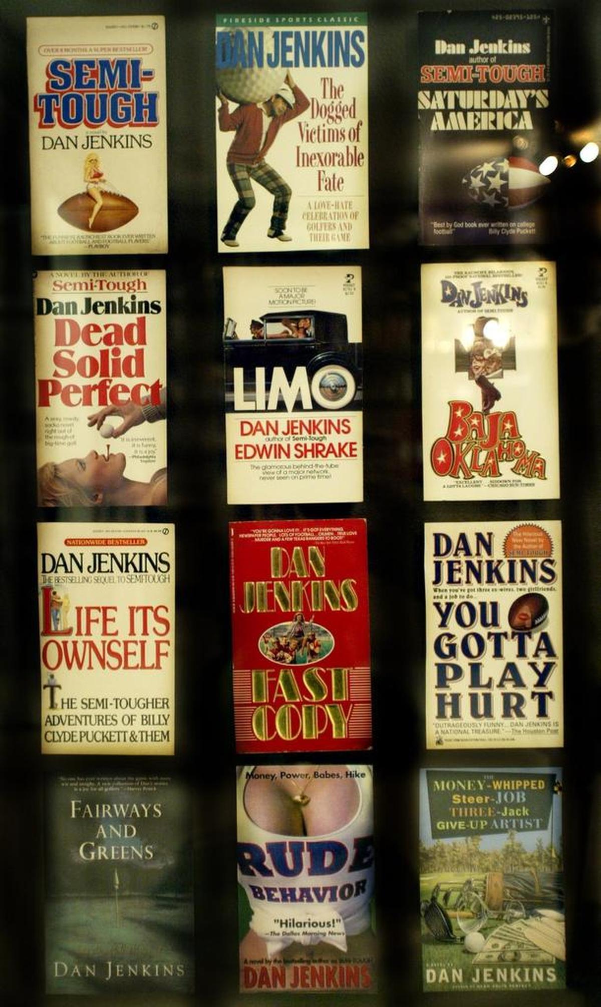 Dan Jenkins’ home display of some of his famous books.