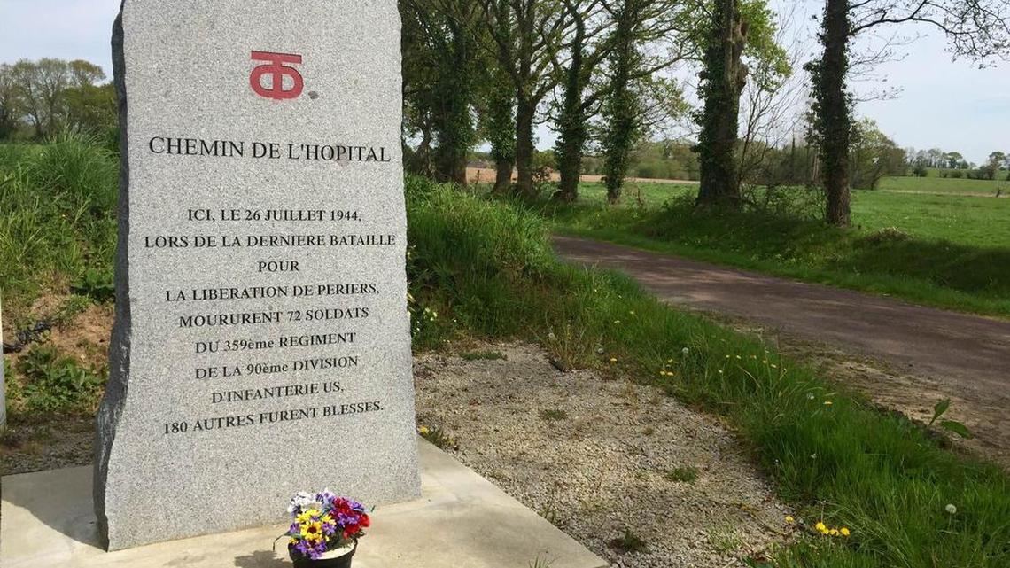 Memorials like this one for a tank attack near Périers dot the Normandy countryside.