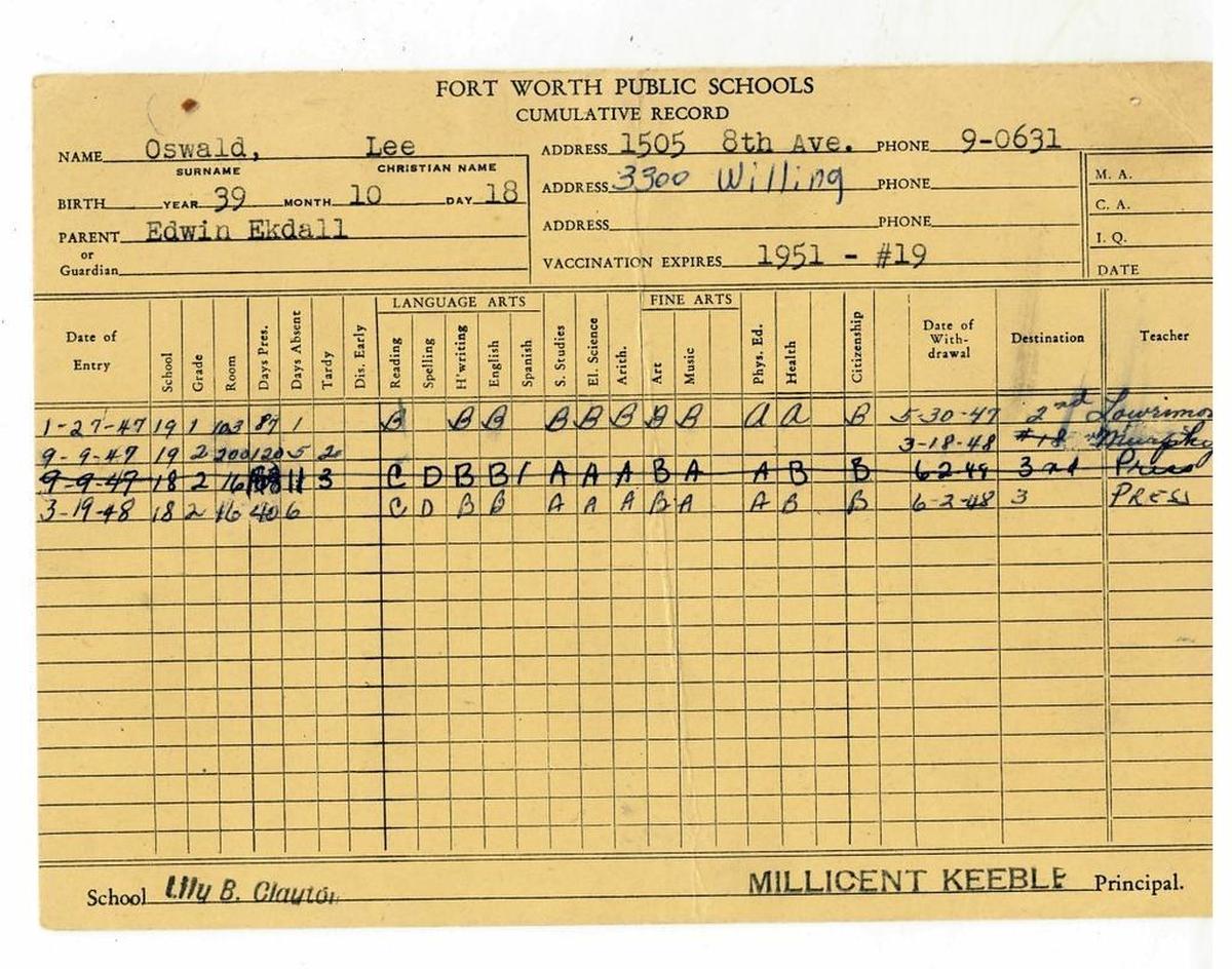 Lee Oswald’s school record from Lily B. Clayton Elementary and George C. Clarke Elementary.