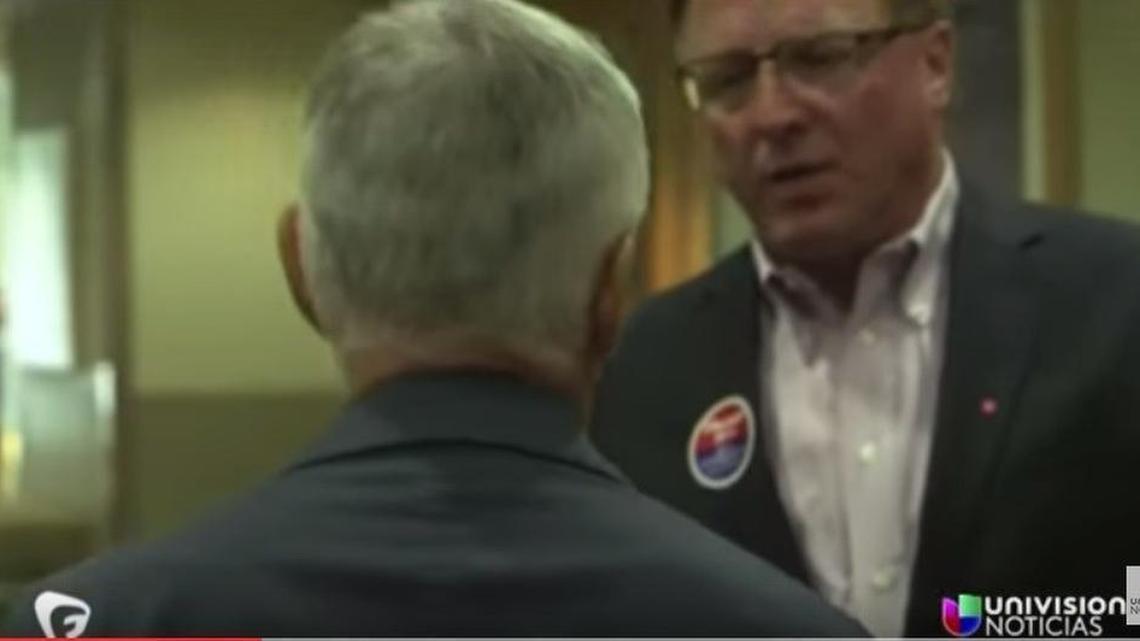 
An unidentified man with a Trump button told 30-year Univision news anchor Jorge Ramos, “Get out of my country.”

