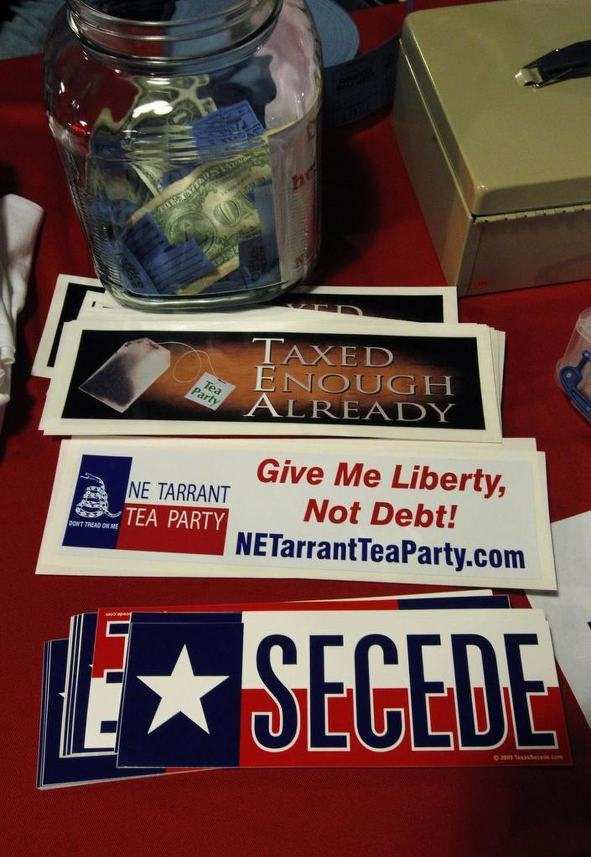 Bumper stickers were available at the NE Tarrant Tea Party election watching party in November 2010