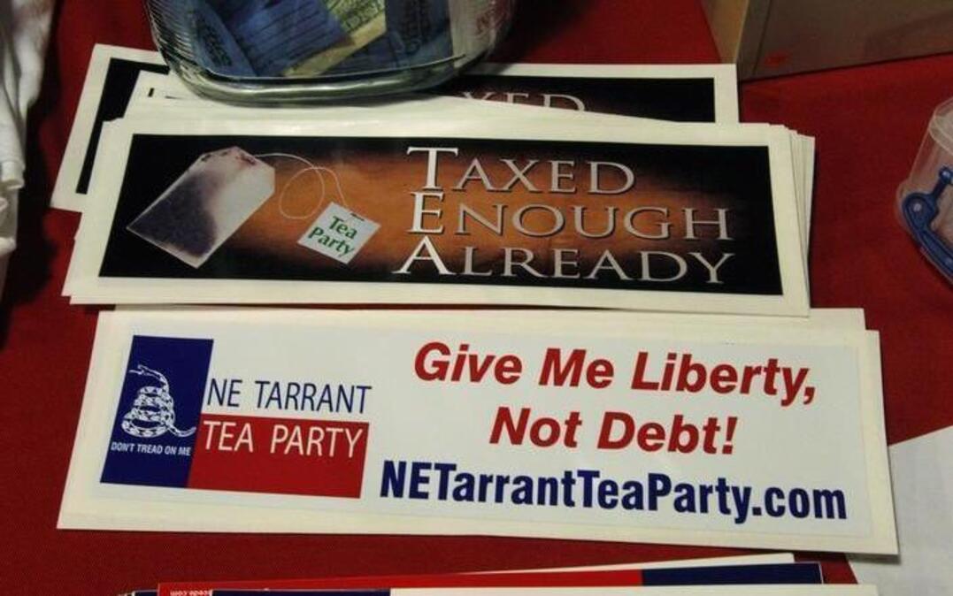 Bumper stickers were available at the NE Tarrant Tea Party election watching party in November 2010