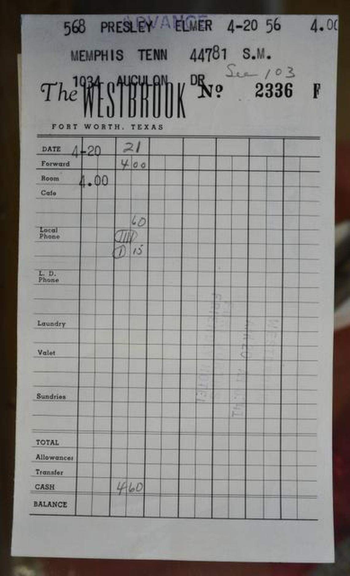 Copy of a Westbrook Hotel itemized bill for “Elmer” Elvis Presley dated April 20, 1956. With thousands of old maps, photos, court and land records as well as more than 500 special collections, the Tarrant County Archive contains a treasure trove of slices of local history. Shot at Tarrant County Plaza Building in Fort Worth, TX, Wednesday, Feb. 29, 2012.