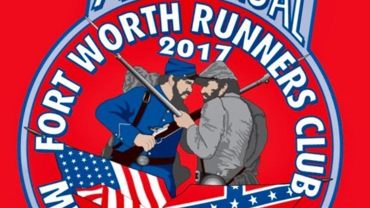 An excerpt from the Runners Club T-shirt logo showing an unfurled Confederate battle flag.