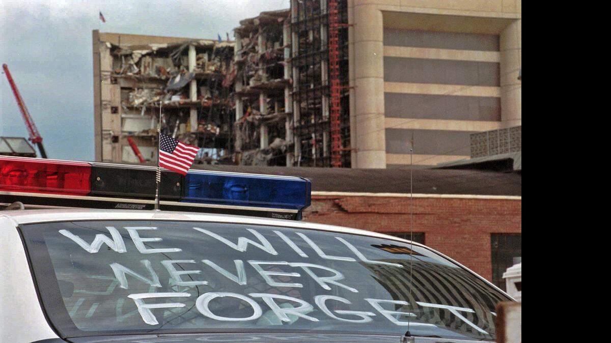 
An Oklahoma City police car near the Murrah Federal Building days after the 1995 bombing.
