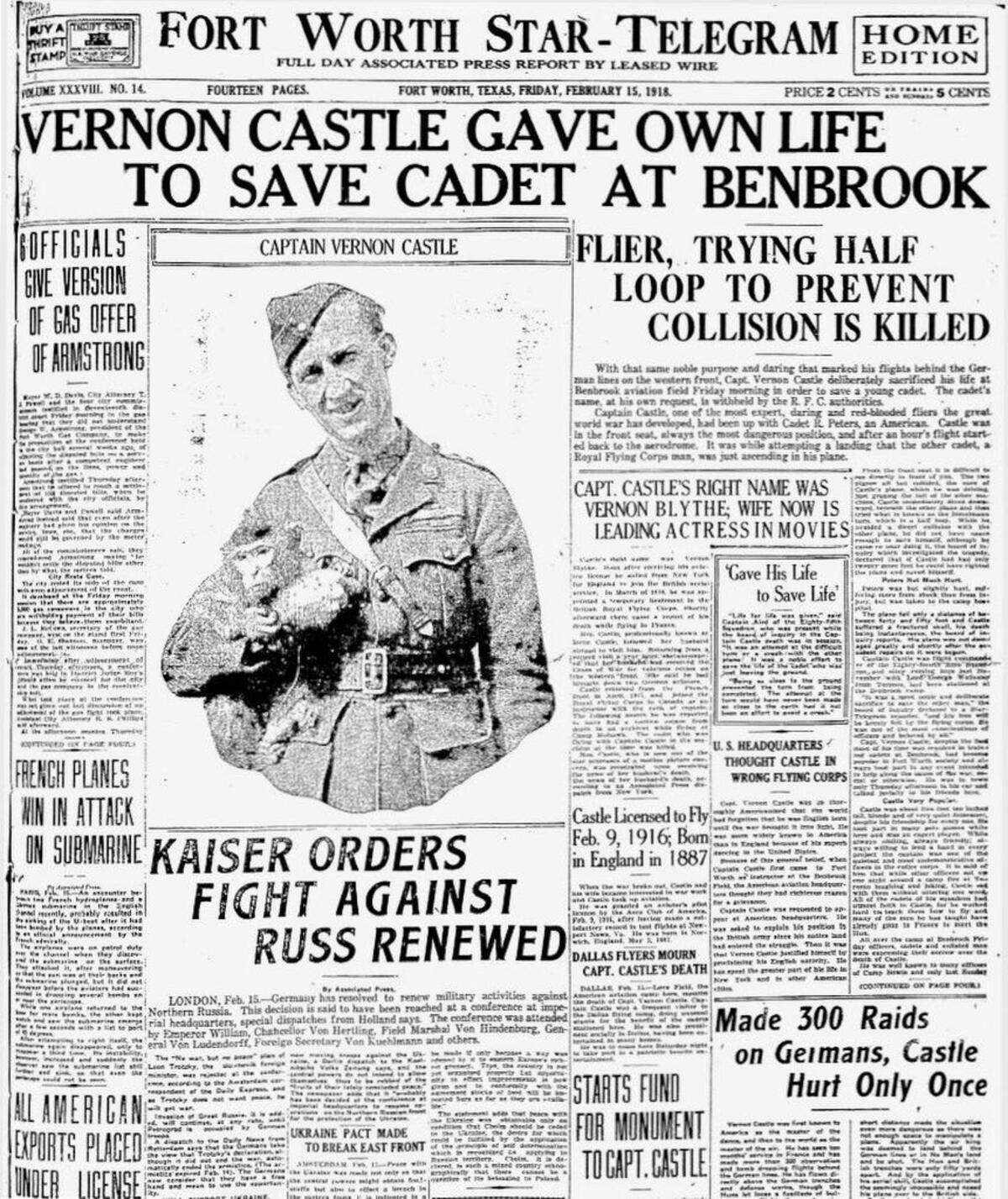 The Star-Telegram’s late edition reported Castle’s death that morning at Benbrook.