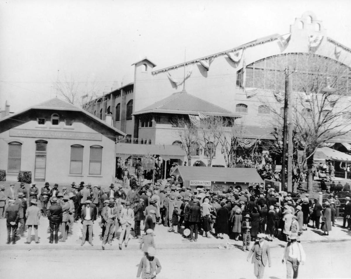 Opening day at the Stock Show & Rodeo in 1918, the first year of an expanded contest with the name “rodeo.” This is the year the Stock Show cites was “the world’s original indoor rodeo.”