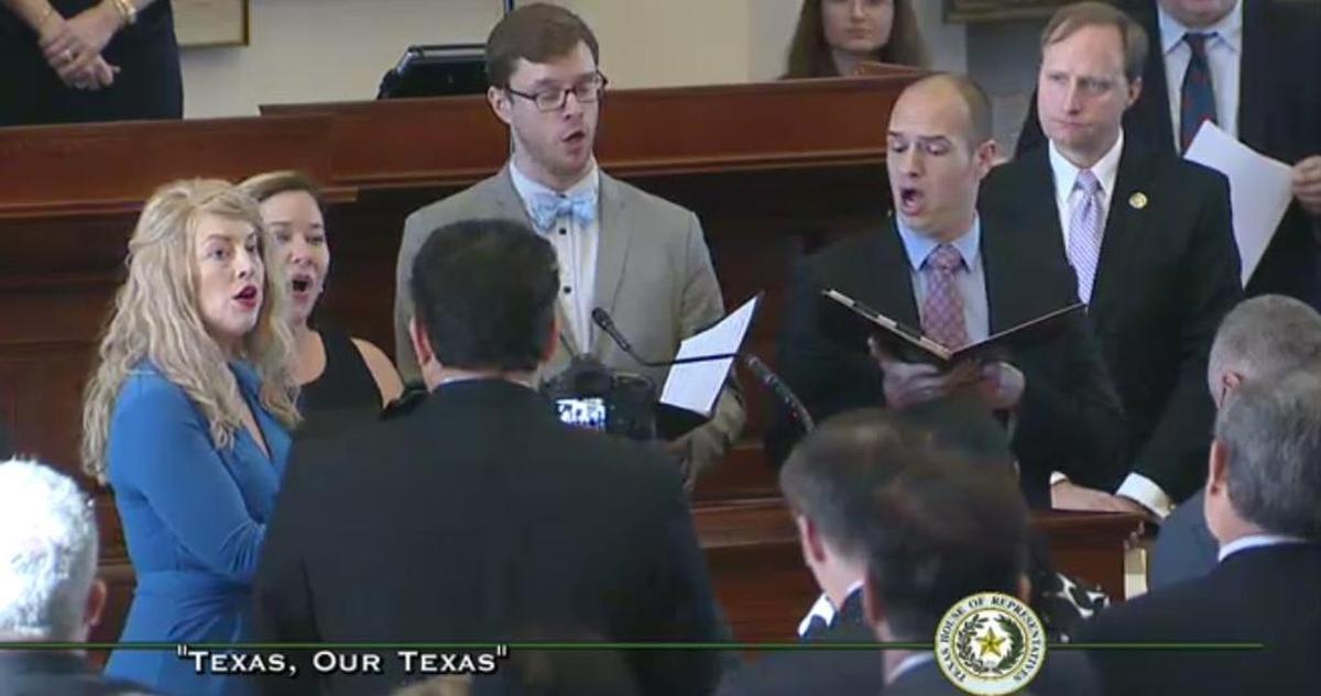 A quartet from Conspirare, an Austin-based choral ensemble, performs “Texas, Our Texas,” at Tuesday’s opening Texas House session.