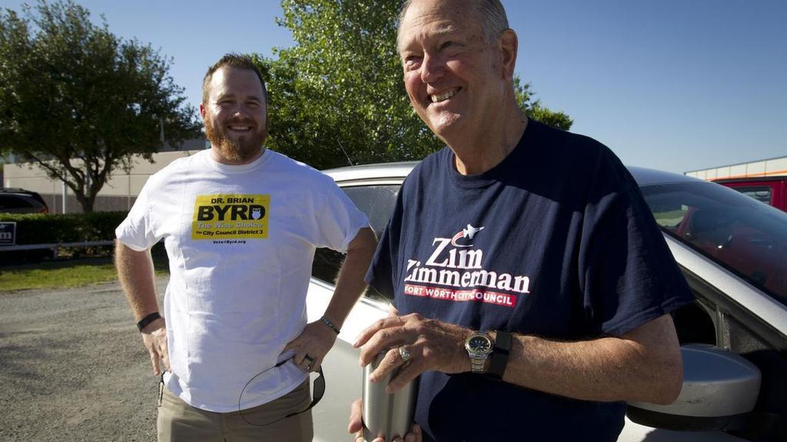 Councilman W.B. ‘Zim” Zimmerman campaigned across from a Brian Byrd campaigner, Raz Shafer, at a polling place on Expedition Street.