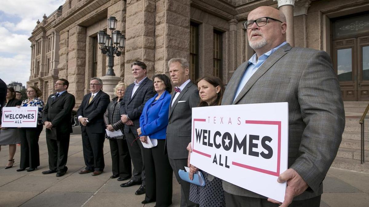 Texas tourism officials including Brad Kent of Visit Dallas, right, spoke Jan. 11 opposing a “bathroom bill.” The NFL and NCAA have warned against bills that would promote discrimination against transgender persons.