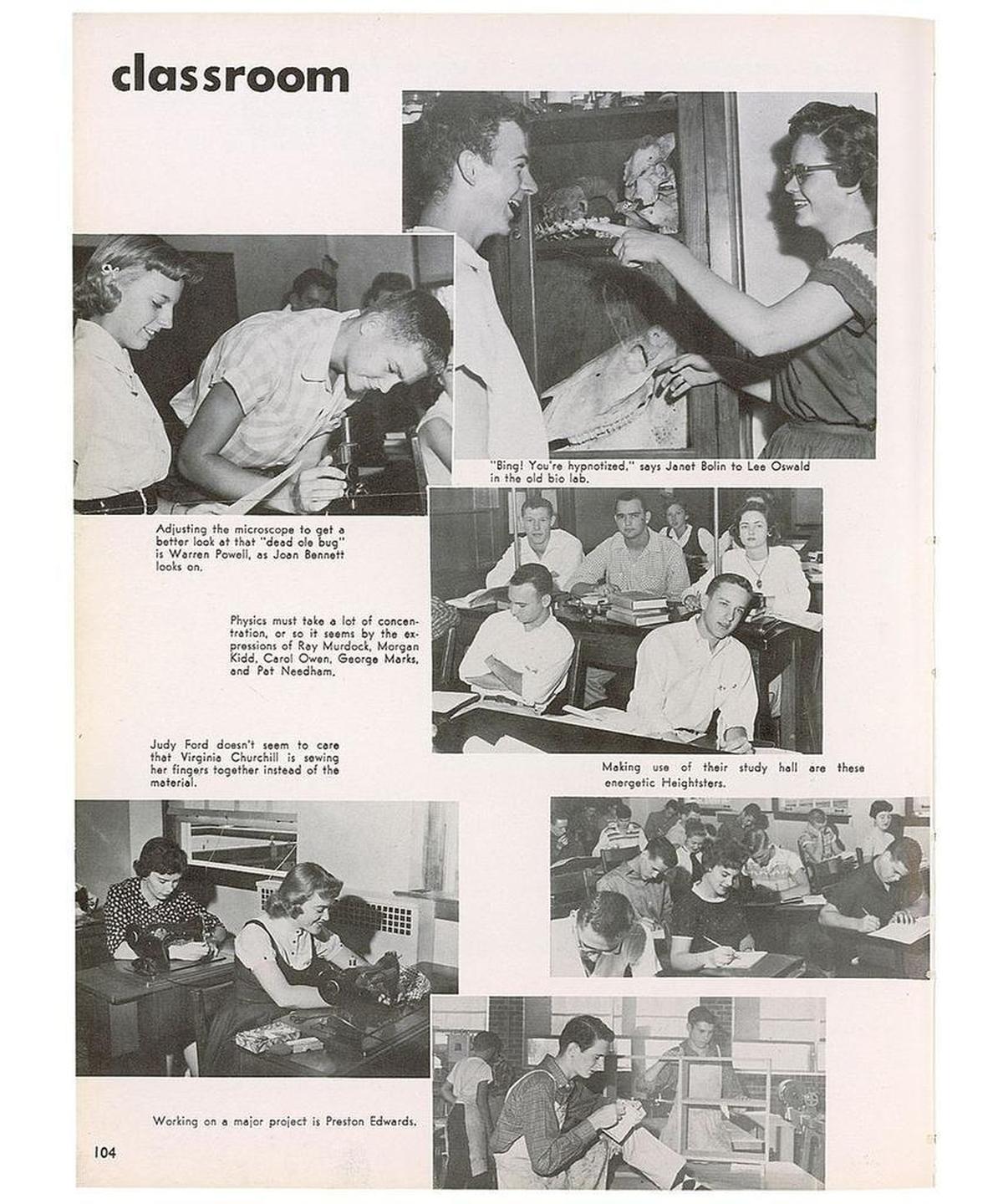 The Arlington Heights High School 1957 “Yellow Jacket” yearbook shows Lee Oswald and Janet Bolin in biology lab: The caption is, “Bing! You’re hypnotized.”