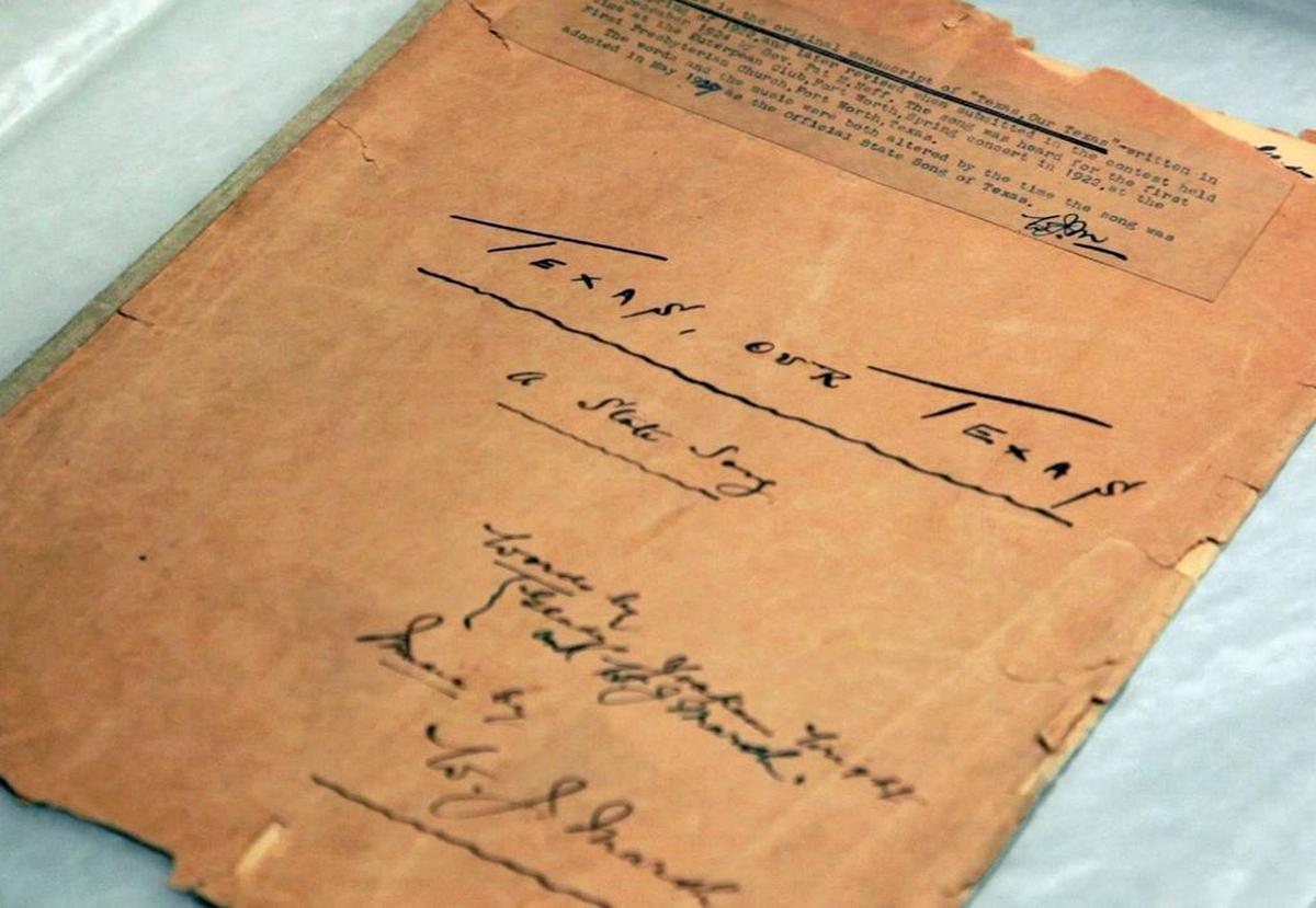 The original score for the state song, “Texas, Our Texas,” shown May 22, 2010, at the main branch of the Dallas Public Library.