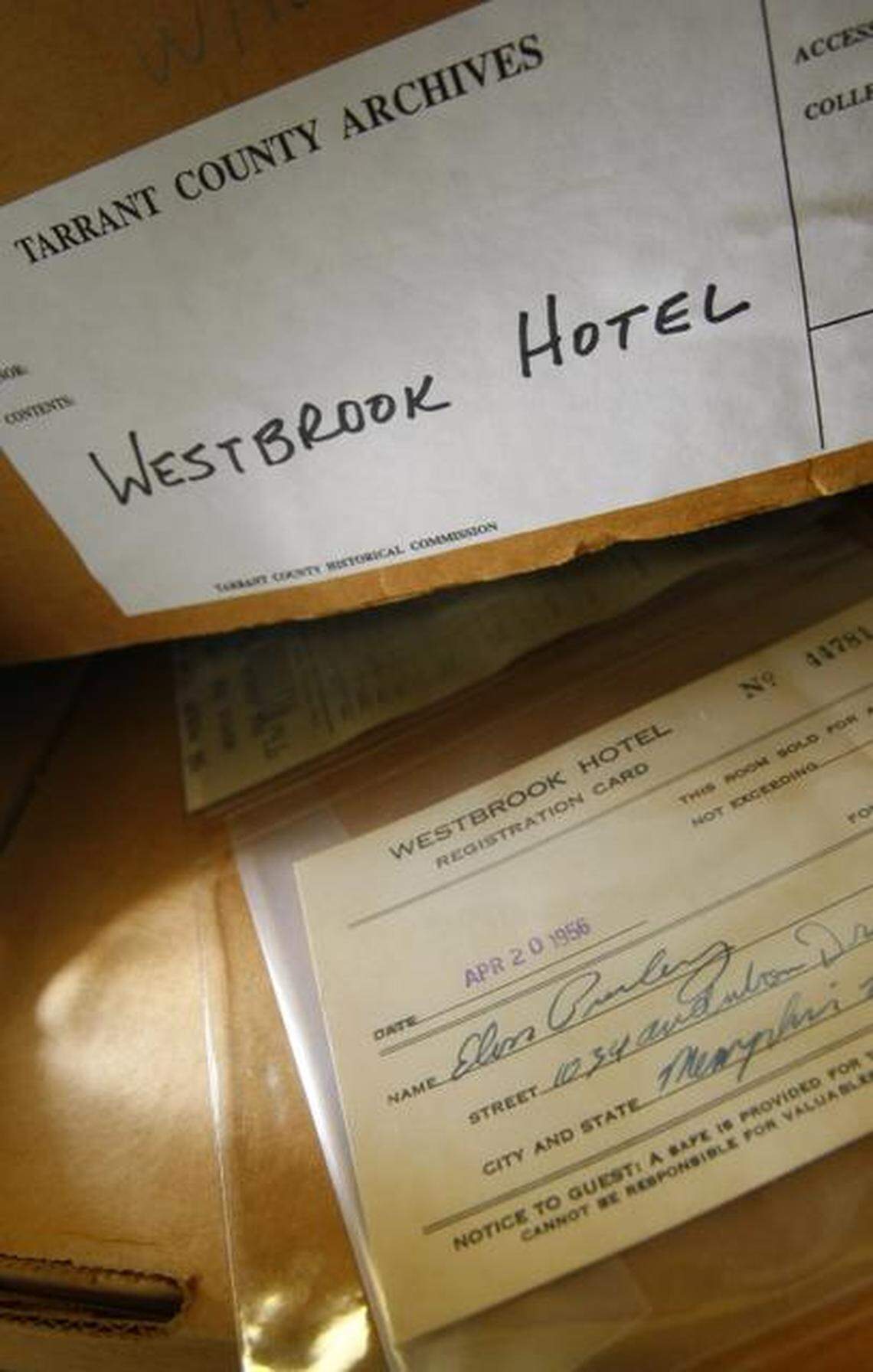 Records from the Westbrook Hotel in the Tarrant County Archives show when Elvis Presley checked in during a concert tour in 1956.