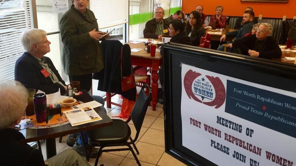 District Attorney Sharen Wilson addresses a Republican women’s club, including spouses and primary candidates, Saturday at a North Sylvania Avenue restaurant.