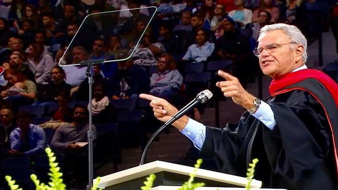 Euless-based televangelist James Robison gives the keynote address May 12 at Liberty University’s baccalaureate service in Lynchburg, Va.