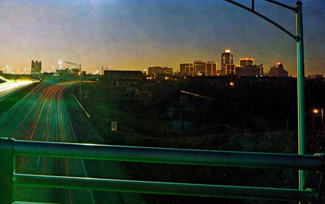 In the 1960s and 1970s, downtown Fort Worth was outlined in amber lights, seen here from what is now I.M. Terrell Way over Interstate 30 (then the Dallas-Fort Worth Turnpike). The text of this picture postcard describes a scene that has “spelled enchantment to many men, women and children.” (The white light in the middle of the skyline is from a revolving digital clock atop an old bank tower.)
