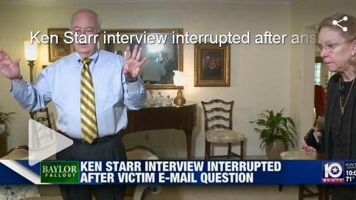 Republican strategist Merrie Spaeth, right, coached Kenneth Starr to change his answer, then finally ended the interview.