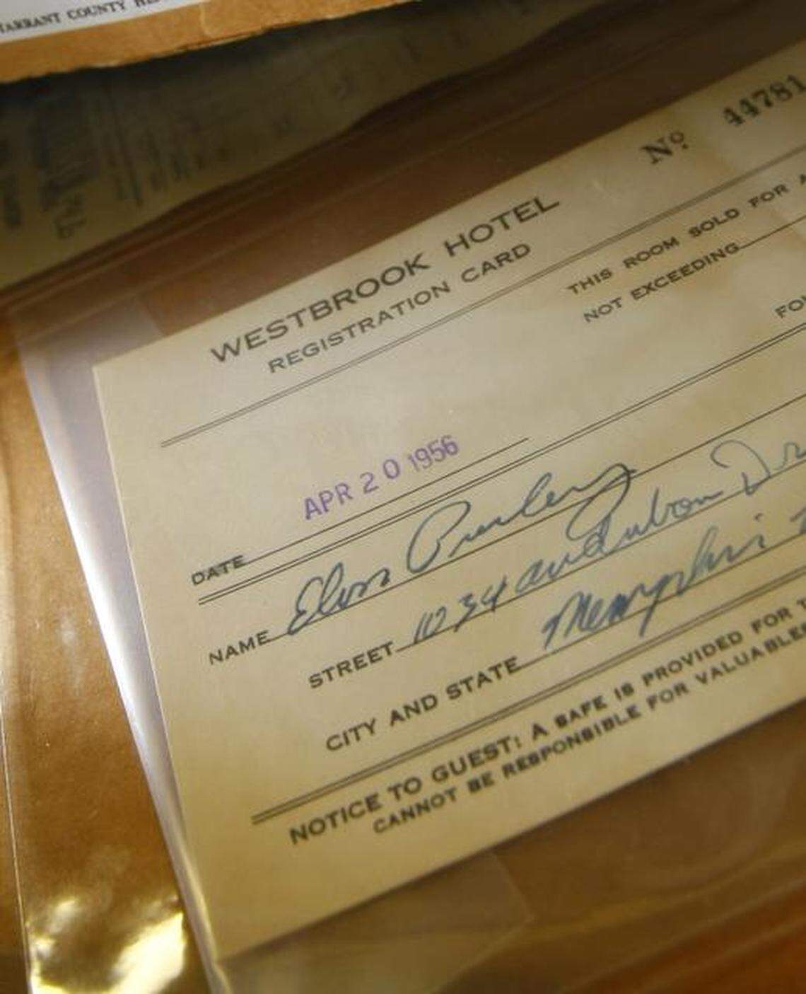 Records from the Westbrook Hotel in the Tarrant County Archives show when Elvis Presley checked in during a concert tour in 1956,