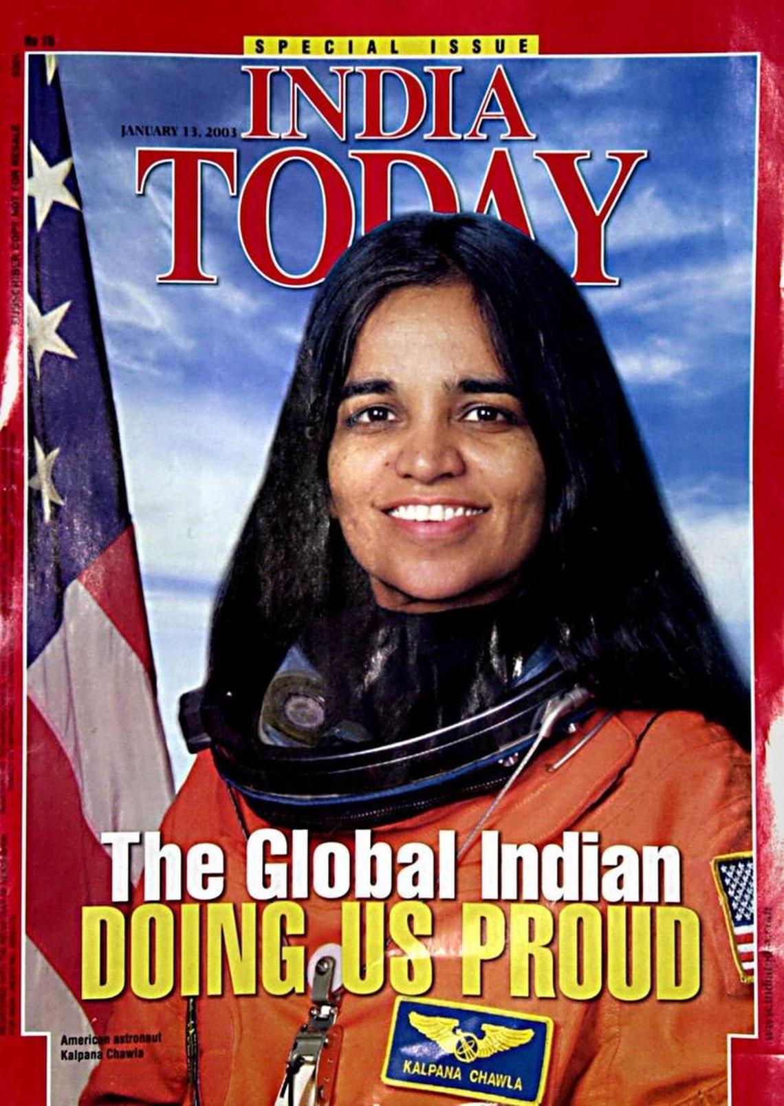 Indian-born astronaut Kalpana Chawla is featured on the cover of the Jan. 13, 2003 issue of the national Indian magazine “India Today.” Space shuttle Columbia broke apart in flames as it streaked over Texas towards its landing strip Saturday, killing all seven astronauts including Chawla.