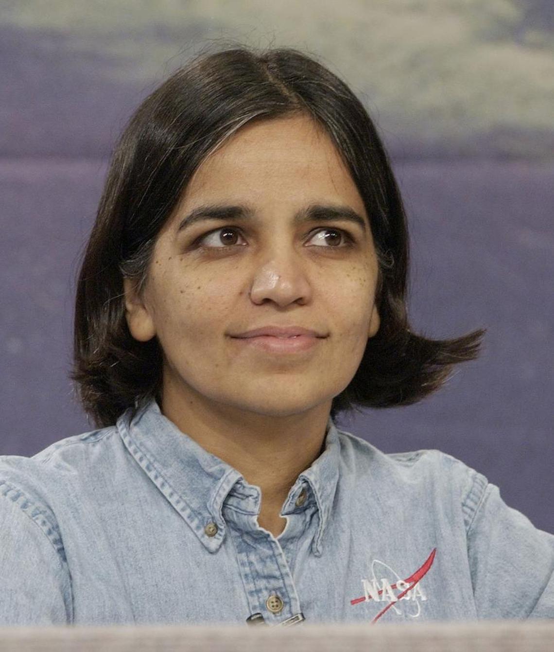 Space Shuttle Columbia astronaut Kalpana Chawla is shown during a news conference Jan. 3, 2003 at Johnson Space Center in Houston. NASA declared an emergency and feared the worst after losing communication with space shuttle Columbia as the ship and its seven astronauts soared over Texas several minutes before its expected landing Saturday, Feb. 1, 2003.