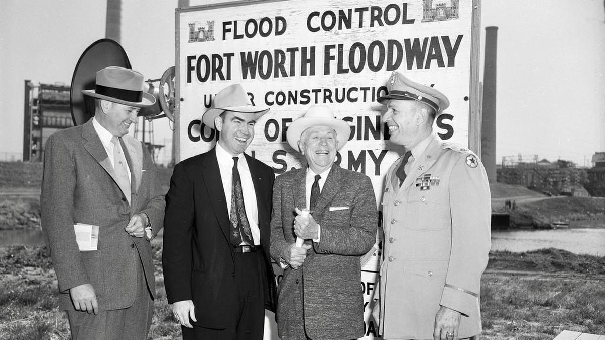 The new West and Clear Forks floodway project was dedicated in 1956 with guests, from left: Estil Vance, U.S. Rep. Jim Wright, Joe Hogsett and U.S. Army Corps of Engineers Col. Harry O. Fischer.