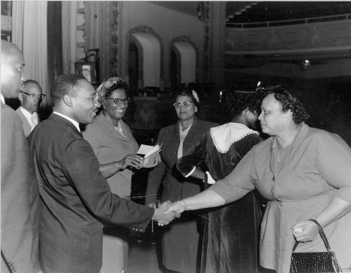 Martin Luther King Jr. greets patrons Oct. 22, 1959, at the Majestic Theater in Fort Worth.