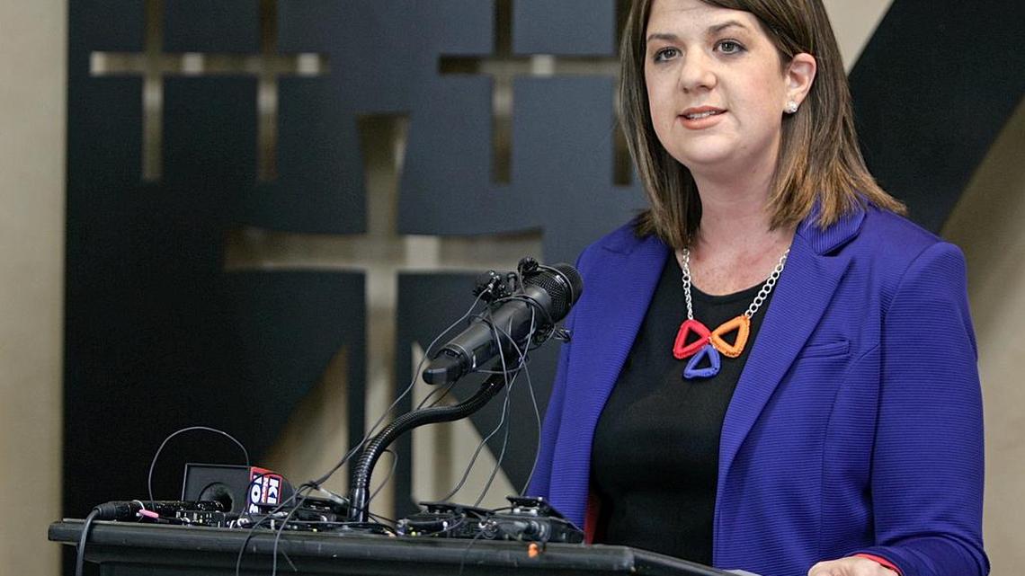 Catholic Charities of Fort Worth CEO/President Heather Reynolds addresses the media in 2014.