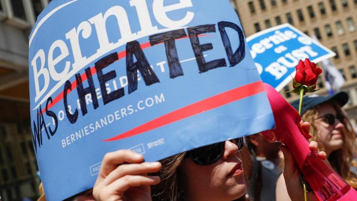 Sanders supporters held a rally in Philadelphia Tuesday, the second day of the Democratic National Convention.