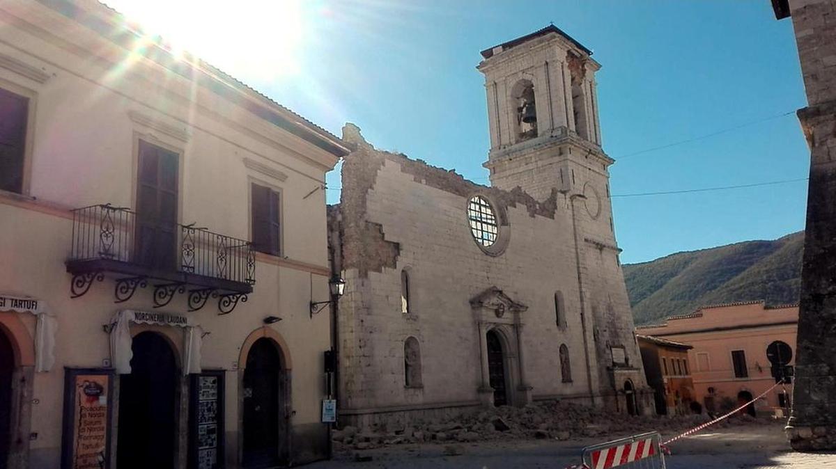 The Cathedral of Santa Maria Argentea is destroyed in Norcia, Italy, after an earthquake with a preliminary magnitude of 6.6 struck central Italy in 2016.