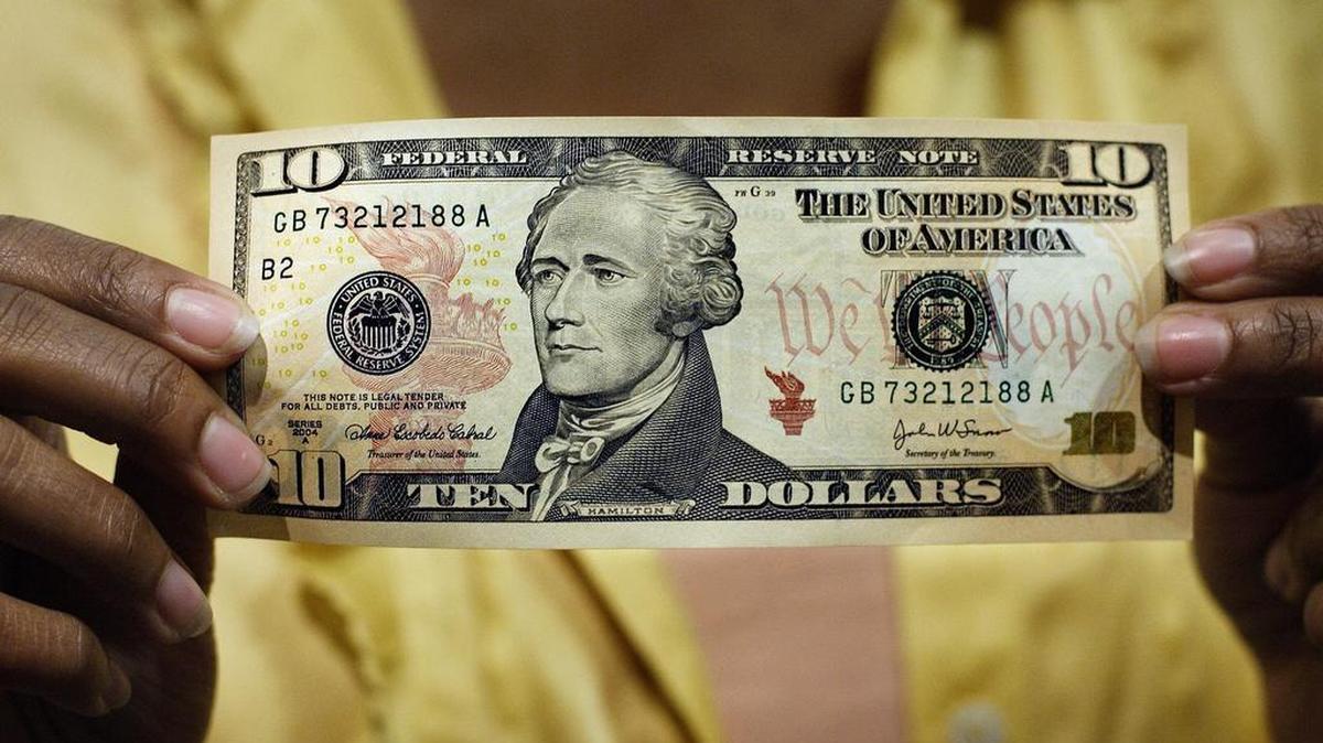 A $10 bill, featuring a likeness of Alexander Hamilton, the first U.S. Treasury secretary