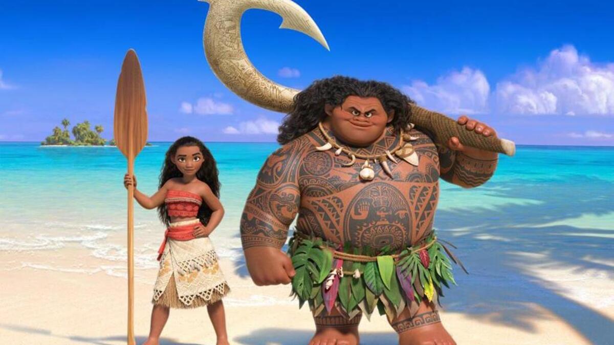 Moana, left, and Maui in “Moana,” the soon-to-be-released Disney movie about a young Pacific Island princess who dreams of becoming an ocean navigator. Maui is a Polynesian demigod in the animated film.